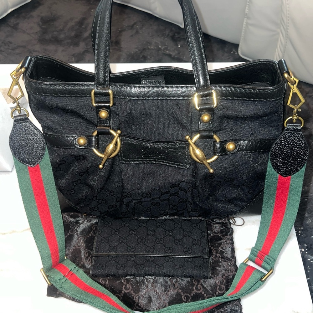 Authentic Vintage Gucci Signature Black Canvas & Leather Handbag.